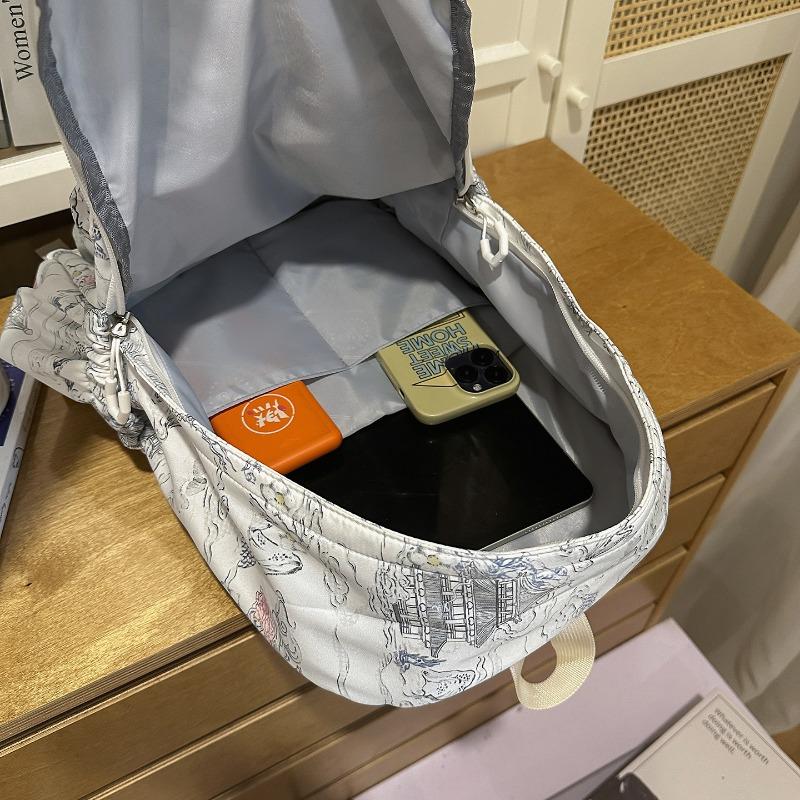 Zaino in Nylon Stampato Paesaggio Stile Cinese con Grande Capacità e Tasche Multiple Adatto per l'Uso Quotidiano e Studentesco Come Zaino Studentesco