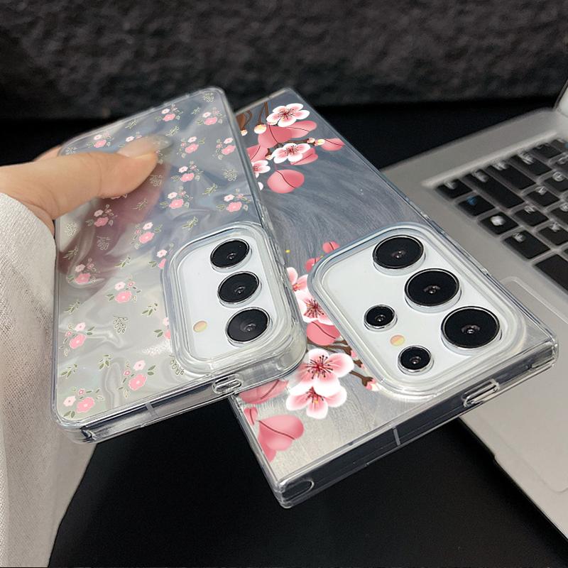 Motif Floral Pailleté Étui Arrière Slim Rigide en PC Pour Samsung S25 Ultra S24 FE S23 A36 A56 A16 A55 Plume Étincelant Antichoc Bord Souple TPU Coque de Téléphone