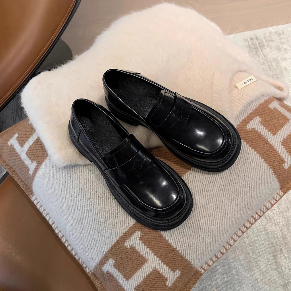British Style Single Shoes for Women, Thin Thick-soled Thick-heeled Small Leather Shoes for Women, One Pedal 2025 New Autumn and Winter Lazy Loafers