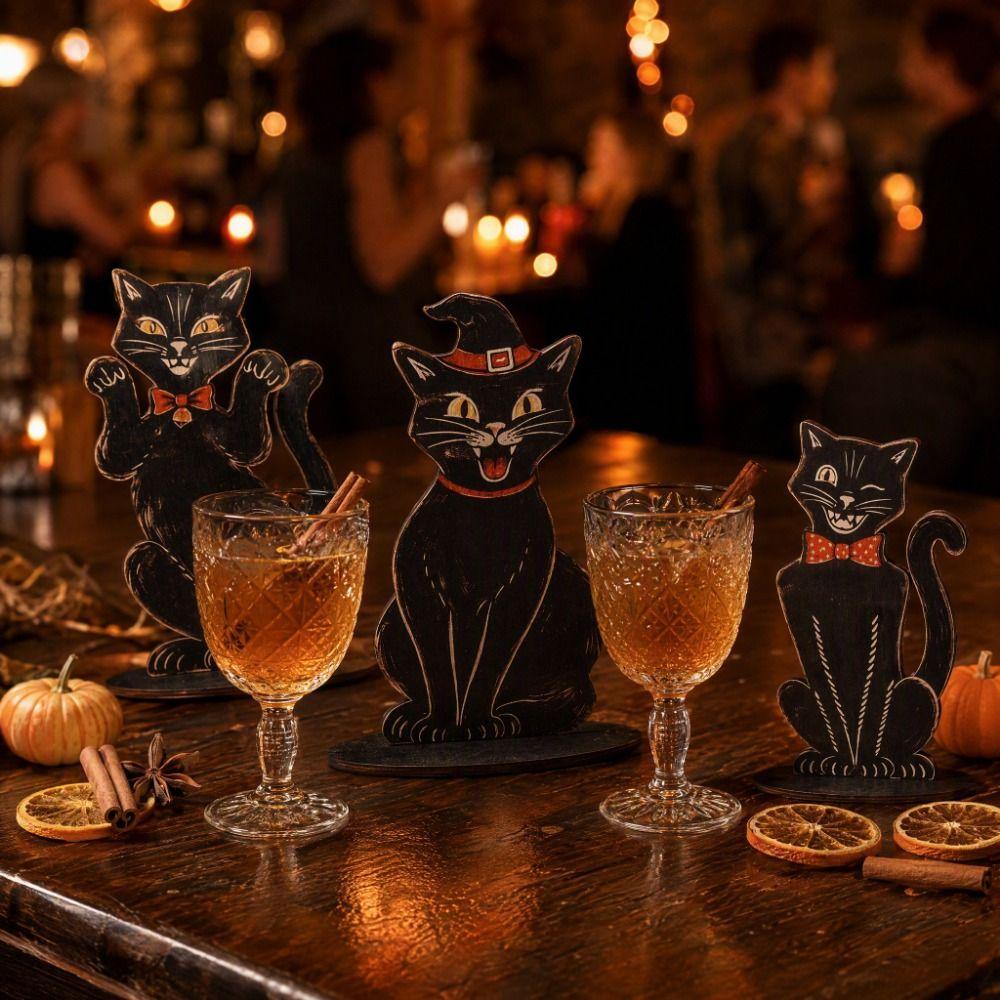 3 Pcs Wooden Halloween Decorations Vintage Cat Decorative Plaques Sitting Cat Statue Study Room