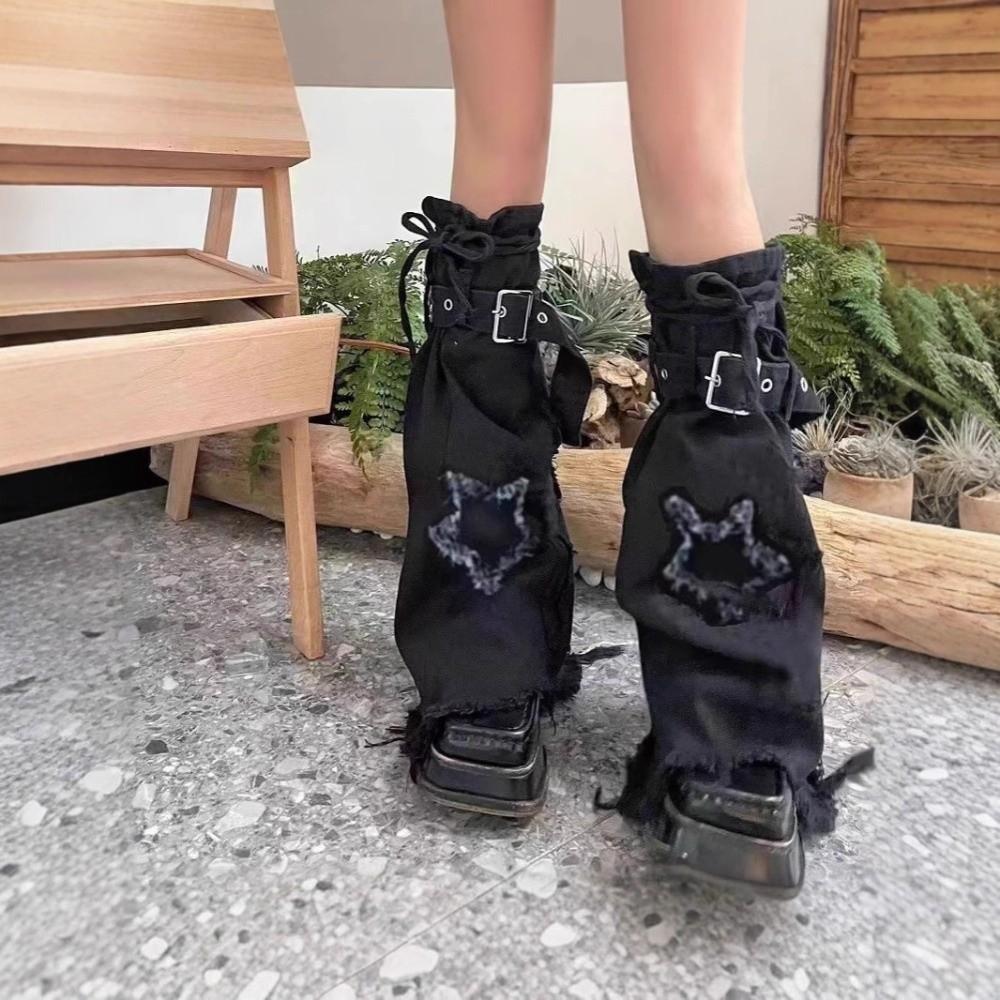 Japanese JK Lolita Y2K Denim Leg Warmers Denim Cloth Drawstring Cross Trumpet Leg Covers Stars Footcover Long Stockings Cosplay
