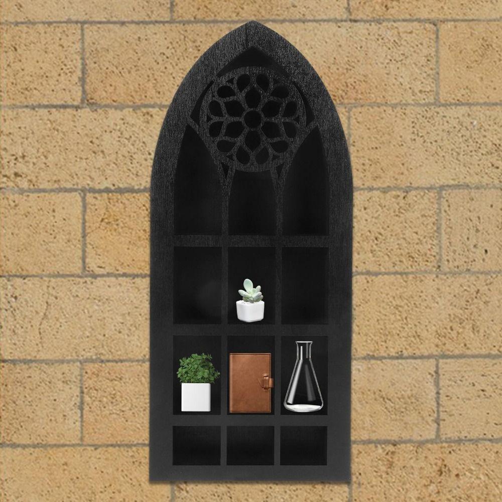 Gothic Design Old Church Window Shelf Black Finish Crystal Wall Shelf  Home Decor