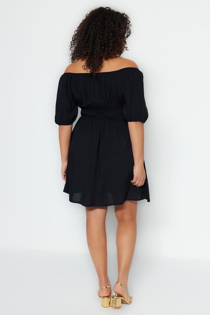 Rochie detaliată în talie, cu guler Carmen, țesătură neagră, stil de damă, mărime mare