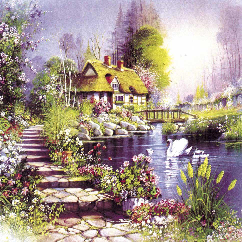 5D Diy Daimond Painting Full Round Rhinestones Diamant Painting Вышивка  Пейзаж River Cabin 30x30CM