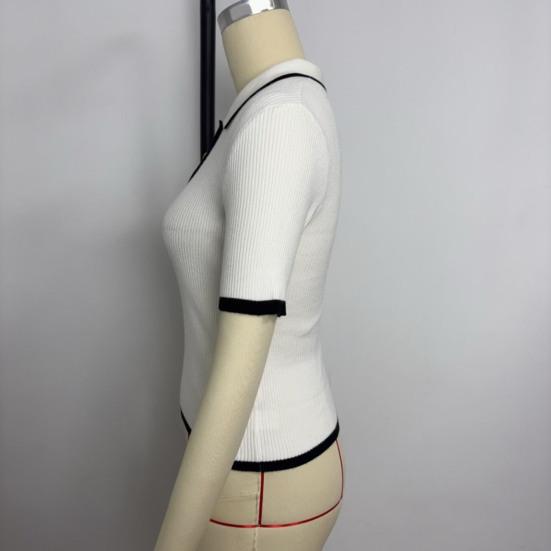 Women Short Tops Patchwork Color Short-Sleeve Lapel Tops with Buttoned Neckline Regular