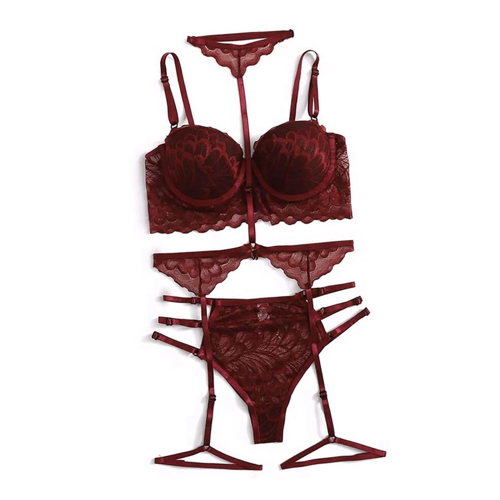 Women Lingerie Set Fashionable Elegant Lace Bra Panty Garter Belt Set Sleepwear for Wedding Night Black L