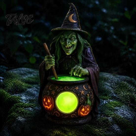 Figuritas Decorativas Detalladas Bruja de Halloween Caldero Lámpara, Adorno de Estatua de Resina, Luz de Mesa Única Espeluznante para Decoración de Escritorio