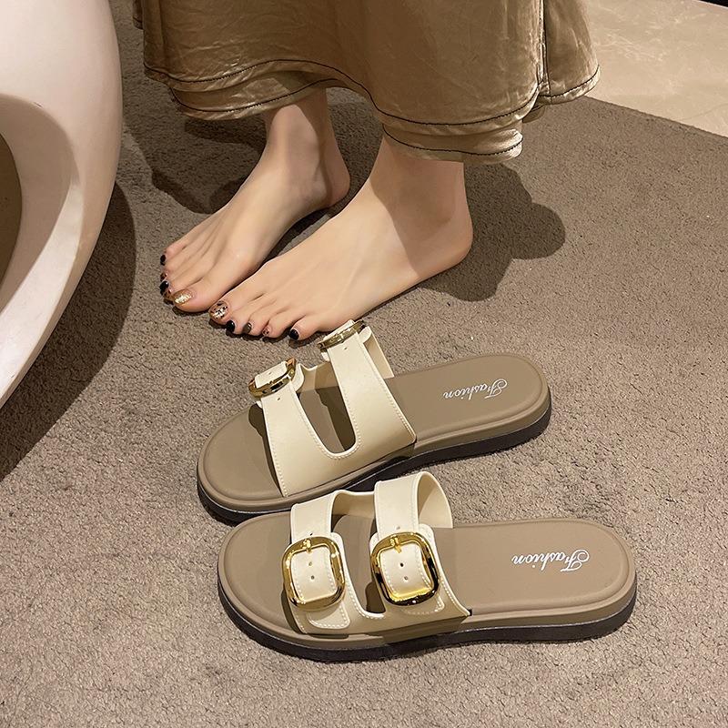 New retro soft bottom flat bottom belt buckle slippers women's summer beach non-slip one-word cool slippers