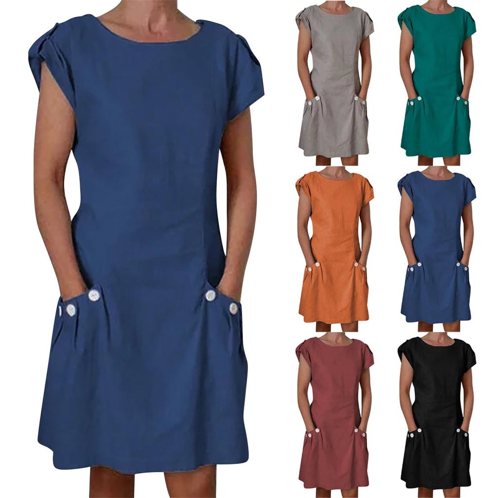 Women's Cotton Linen Color Loose Round Neck Short Sleeve Pockets Dress