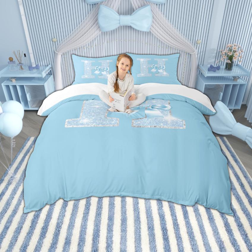

Comforter Homewish Personalized Initial Letter 2Pcs/3Pcs Dreamy Blue Bow Knot Bedding For Girls Glitter Print Decor Comforter (quilt)-EU Single(135*200cm)3pcs