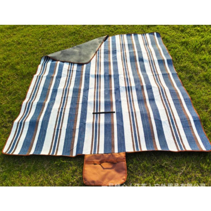 Blue White Striped Large Picnic Blanket - 1pc Dual Layer Nylon Coarse Knit Durable All-Season Outdoor Mat with Carry Handle