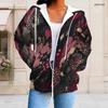 Women Plus Size Abstract Printed Black Burgundy Beige Zip Up Long Sleeve Drawstring Hoodie With Pockets