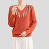 Spring Autumn Women's V-Neck Sweater Loose Rhinestones Pullover Knit Top Solid Color Plus Size Sweater
