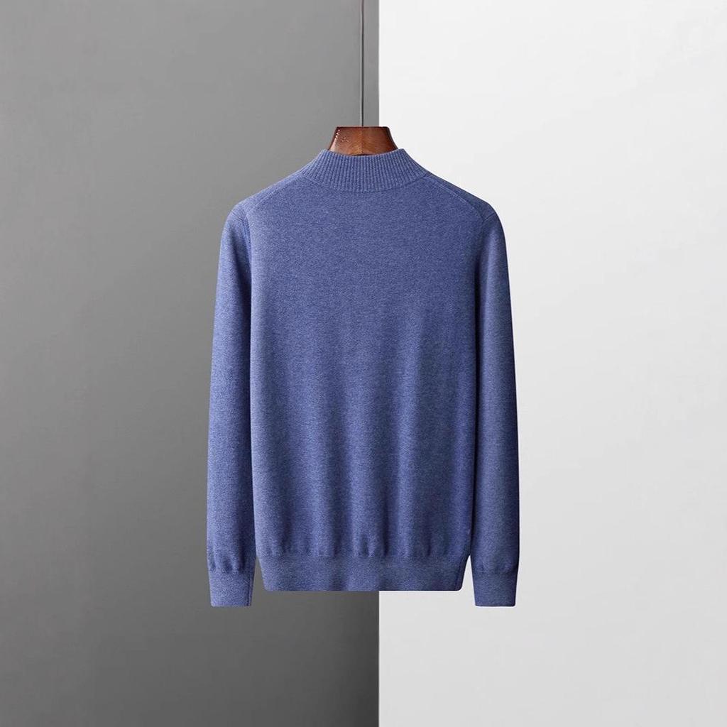Men's 100% Pure Wool Half-Zip Sweater - Thickened Knit Base Layer for Autumn and Winter