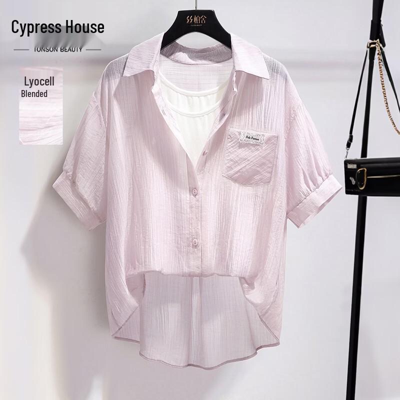 Women s Lyocell Lapel Patchwork Fake Two-Piece Shirt L