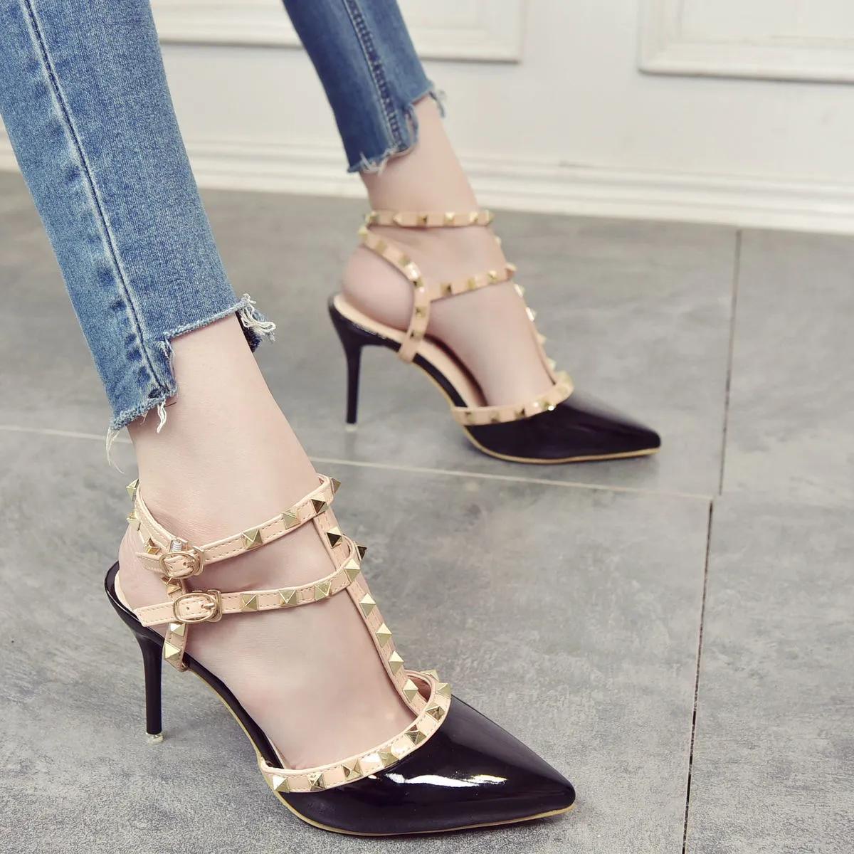 

Женские туфли на высоком каблуке на шпильке, женские формальные универсальные элегантные сандалии с заклепками, оптовая продажа 39 чёрный