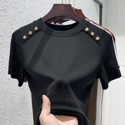 Sommer Neues Baumwoll Rundhals Kurzarm T-Shirt Damen Einfarbig Patchwork Knopf Koreanisch Schlichte Mode Lässig Vielseitiges Oberteil 2024