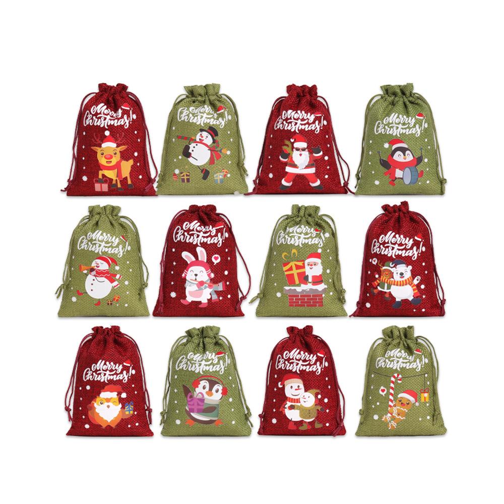 12pcs Festive Burlap Christmas Drawstring Bags with Santa Snowman & Tree Designs for Gift Wrapping Party Favors Decoration Tools