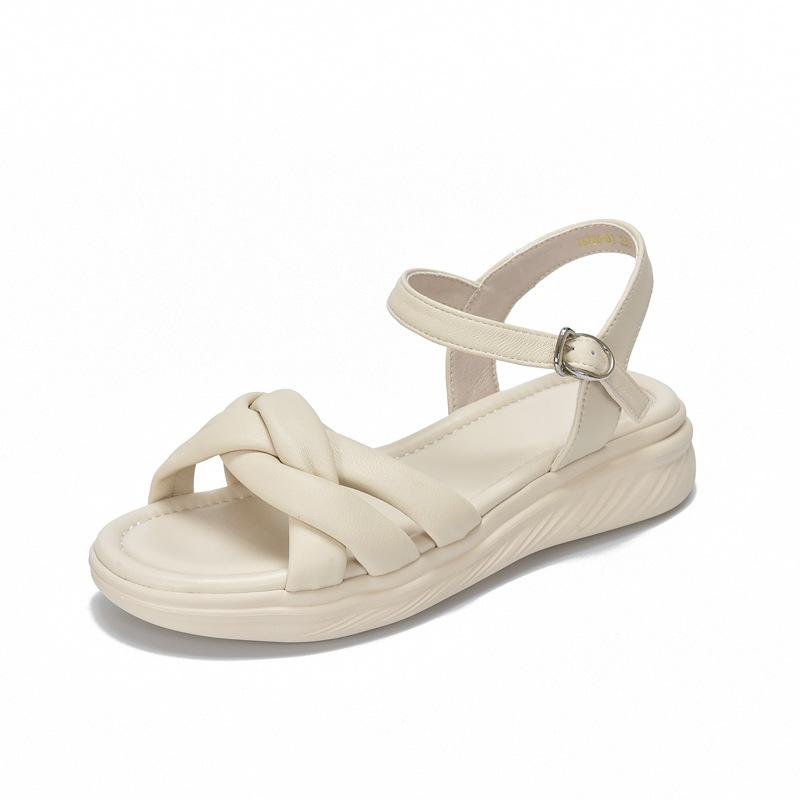 

Johnature Casual Versatile Sheepskin Sandals Peep Toe Soft Soled Genuine Leather Flat Women s Shoes 38 бежевый