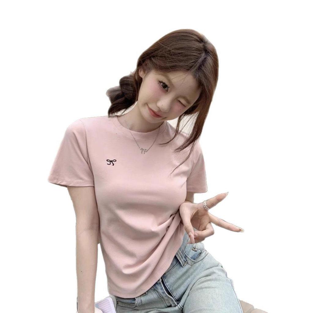 Women's 2025 Korean Style Bowknot Embroidered Slim Fit T-Shirt, Short Sleeve, Round Neck