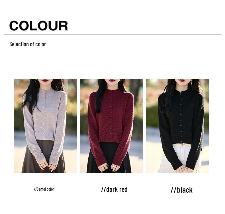 Women's Spring Fine Wool Cardigan - Half-High Collar, Solid Color, Loose, Slimming Sweater Coat