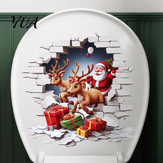 Festive PVC Wall Decals Santa Claus Toilet Sticker, Elk And Gift Box Print, 3D Removable Seat Stickers Christmas Decal, Waterproof Sticker for