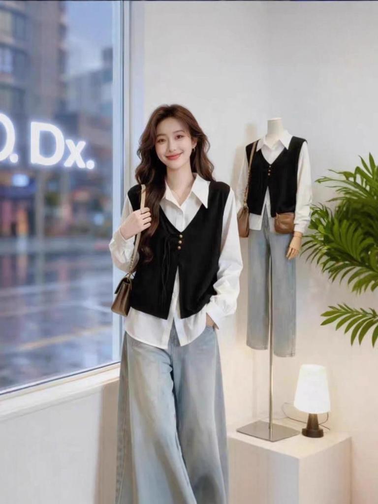 Women's Plus Size French Style Tummy Concealing Two-Piece Long Sleeve Vest Shirt