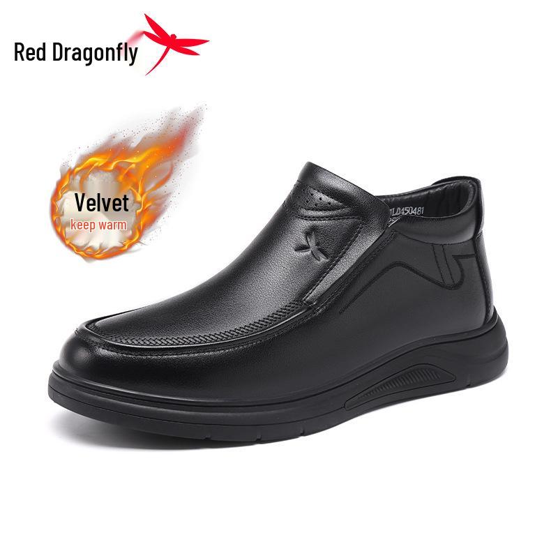 Red Dragonfly High-Top Men s Leather Winter Shoes - Thickened Velvet Cowhide Casual Sneakers 43