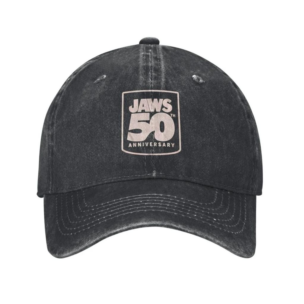 Cappellini da Baseball Logo 50° Anniversario di Lo Squalo Denim Vintage Usurato Snapback Classico Film All'aperto Morbidi Senza Struttura