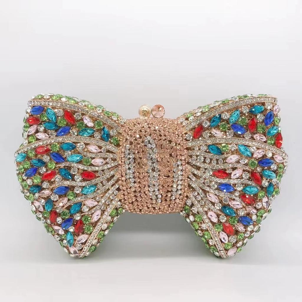 Green Bow Rhinestone Evening Bag Gold Hard Metal Crystal Wedding Handbags Bridal Party Cluches Diamond Women Cocktail Purses