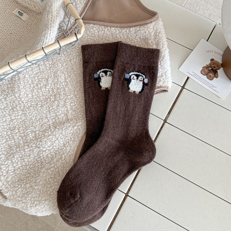 Ladies Autumn Winter Thickened Warm Soft Versatile Cartoon Penguin Wool Tube Stack Socks