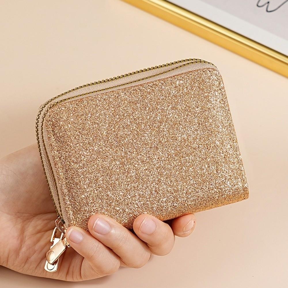 Portable Mini Size PU Wallet Starry Shiny Double Zipper Organ Card Bag Solid Color Multi-card Slot Coin Purse for Women