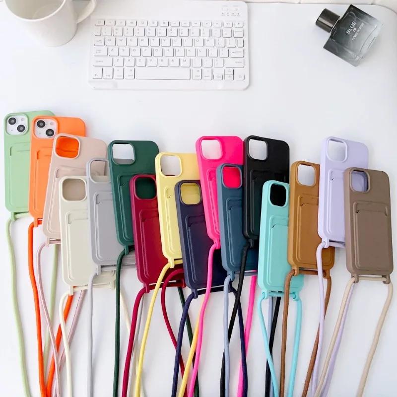 Crossboby Lanyard Rope Phone Case for IPhone 16E 16 15 14 Plus 13 12 11 Pro Max Silicone Card Package Fall Prevention Cover