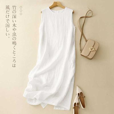 Women's Cotton Linen Sleeveless Dress Casual Round Neck Loose Fit Solid Color Midi Tank Dress for Summer