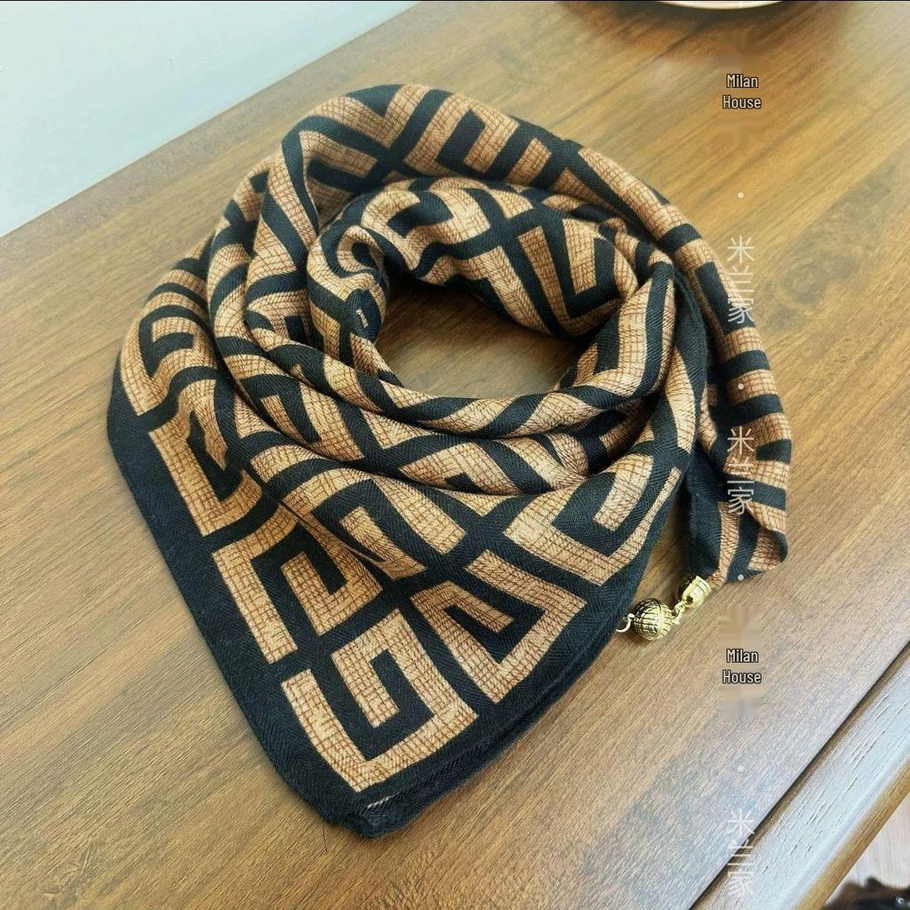 Chic Autumn/Winter Silk Scarf with Magnetic Golden Ball Clasp – Korean Style Neck Warmer
