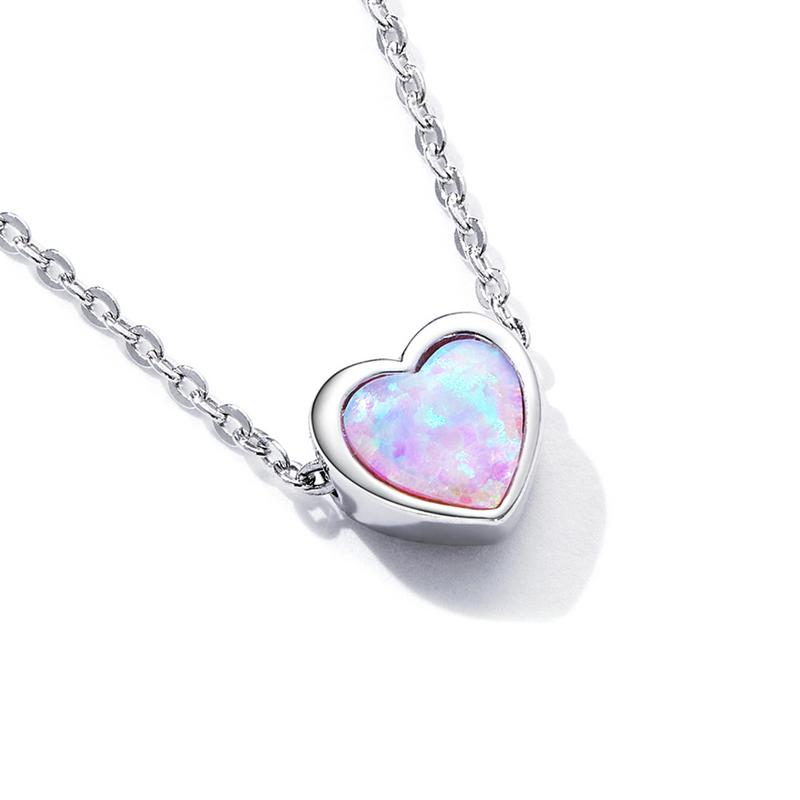 Fashion 925 Sterling Silver Simple Style Shining Opal Heart Pendant Choker Necklace for Women Jewelry Gift SCN471