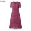 ZANZEA Elegant Women V Neck Short Sleeve Front Lace Crochet  Splicing Casual Long Dress Nonelastic