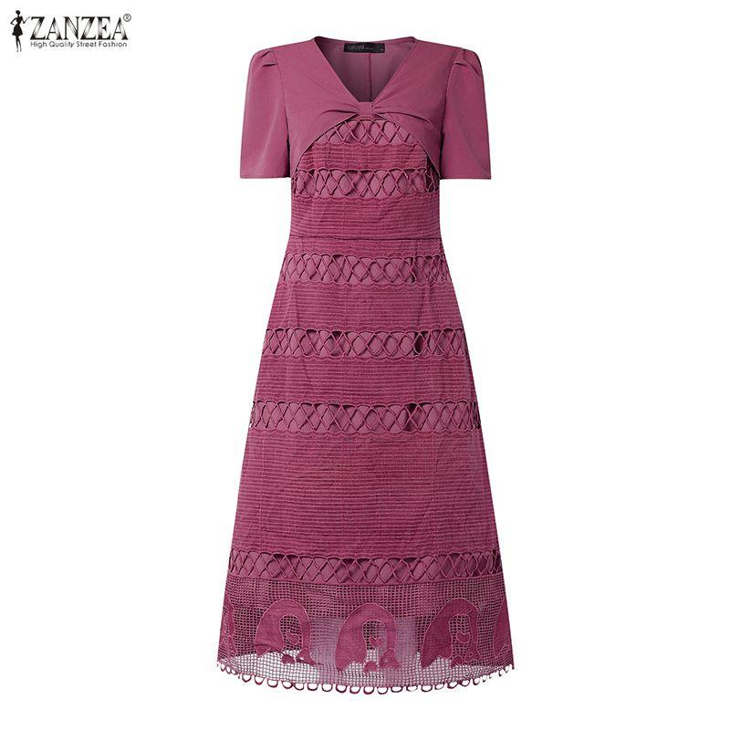 ZANZEA Elegant Women V Neck Short Sleeve Front Lace Crochet Splicing Casual Long Dress Nonelastic