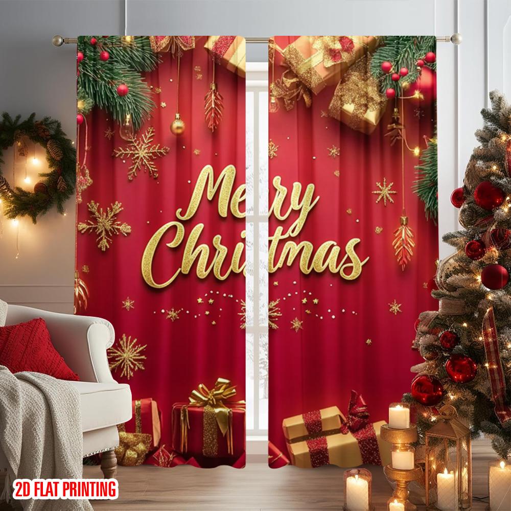 2pcs 2D Flat Printing Christmas Scene Curtain Merry Christmas 04 Versatile Fabric Without Electricity Festive Wall Decor Use for