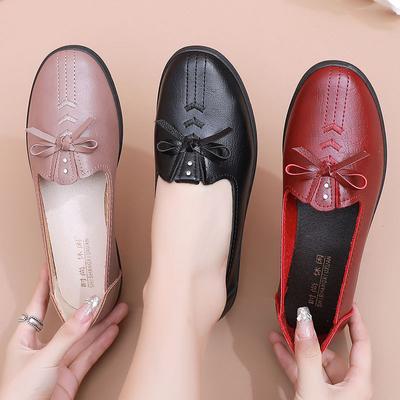 Middle-aged and Elderly Women's Spring and Autumn Bowknot Slip On Flats Mom's Comfortable Soft Sole Loafers Flat Non-slip Shoes