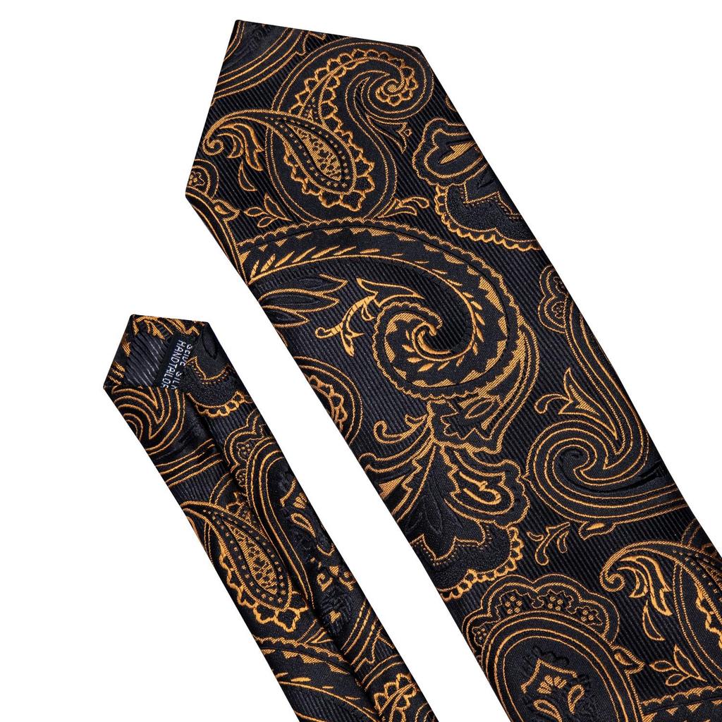 Barry.Wang Gold Black Jacquare Ties Fashion Set Hanky Cufflinks Neckties for Men Woven Silk