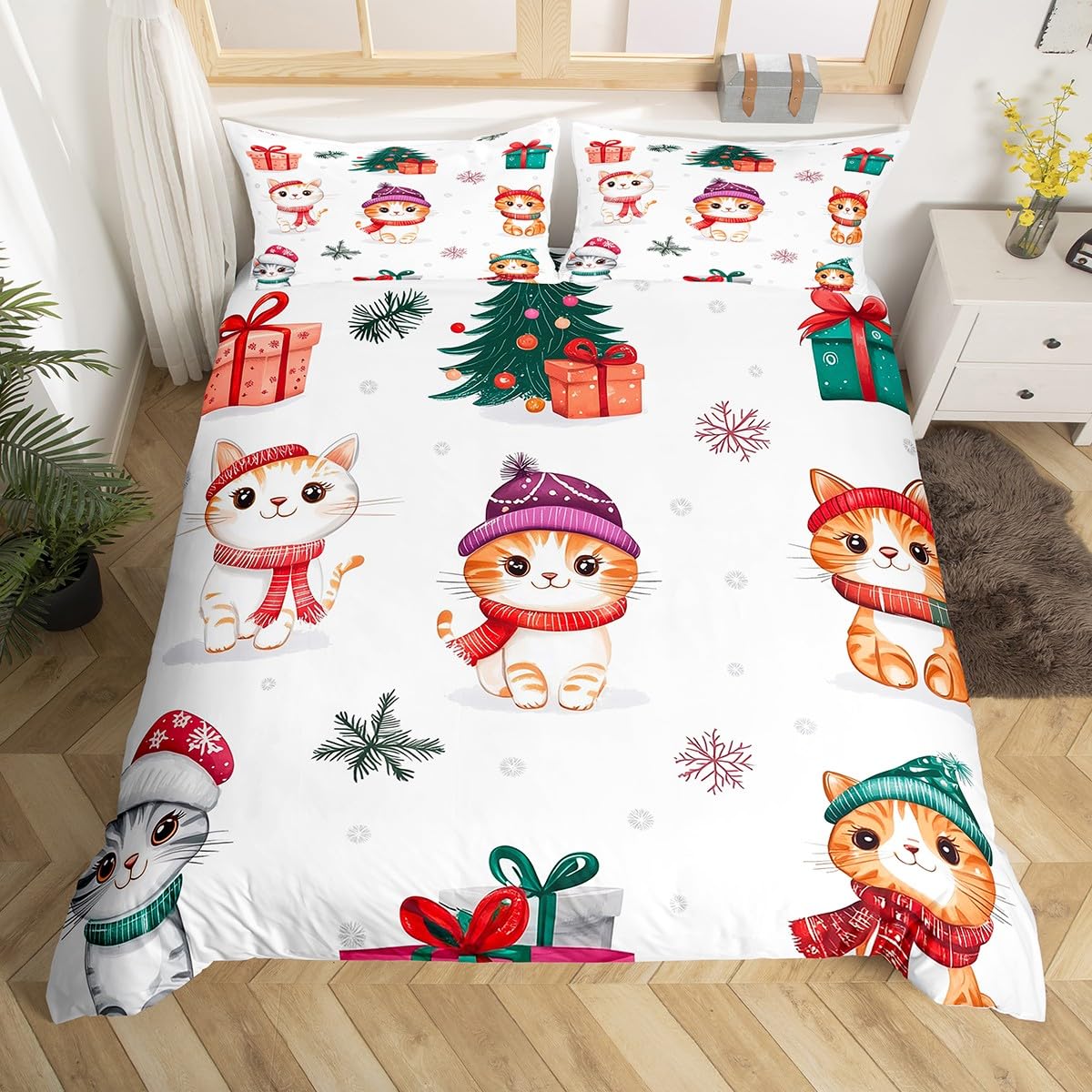 

Kawaii Cat Duvet Cover Pink Bowknot Kitten Bedding Set Sweet Pet Animal Comforter Cover Princess Bow Girly Polyester Quilt Cover EU Single(135x200cm)