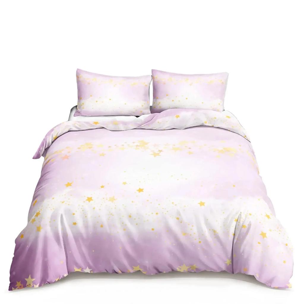 Kawaii Moon Starry Night Sky Duvet Cover Set Blue Pink Purple Star Galaxy Bedding Sets Full Size for Boys Girls Comforter Cover