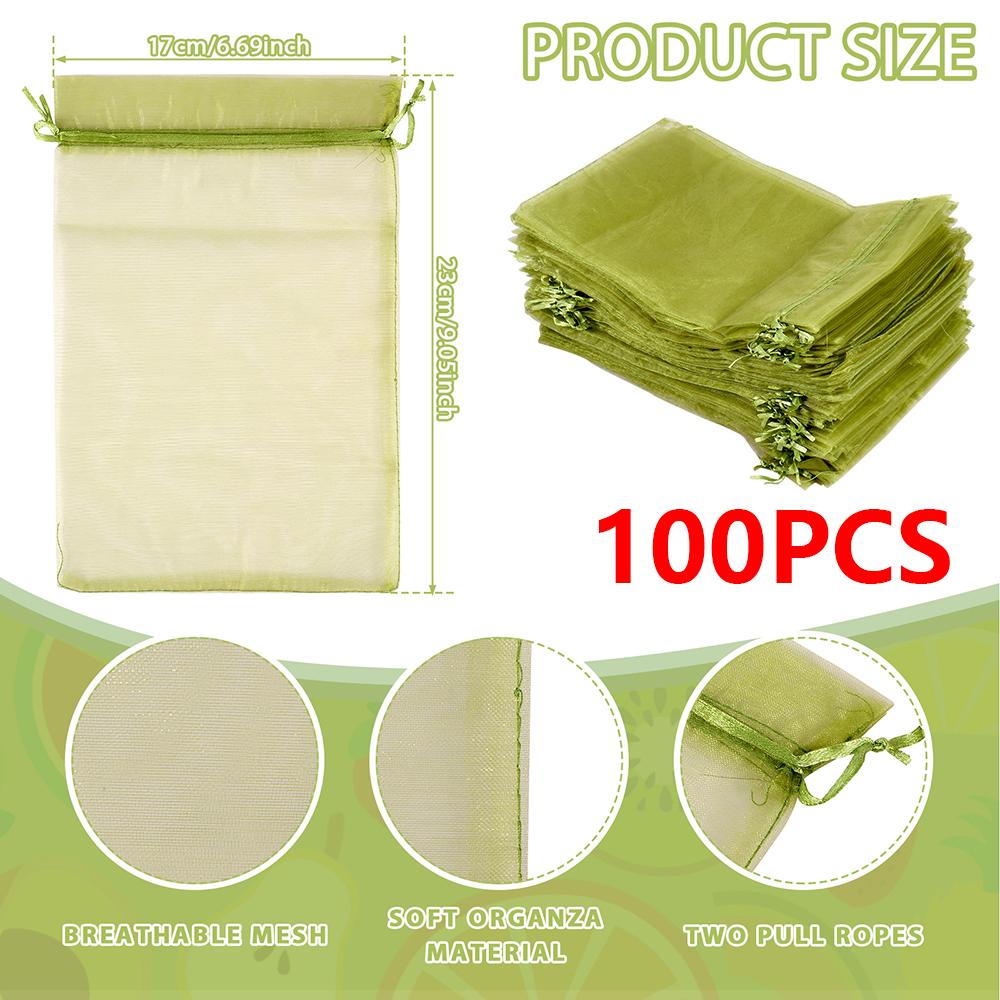100/200Pcs Fruit Protection Bags Fine Mesh Organza Plant Grow Bags with Drawstring Garden Anti-Bird Netting Mesh Bag Garden Tool
