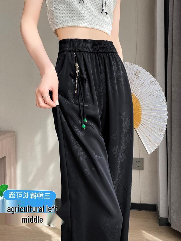 Dámské letní žakárové saténové ledově hedvábné kalhoty se širokými nohavicemi