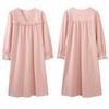 Womens Cotton Long Sleeve Nightgown Lace Trim Mid Length Sleepwear