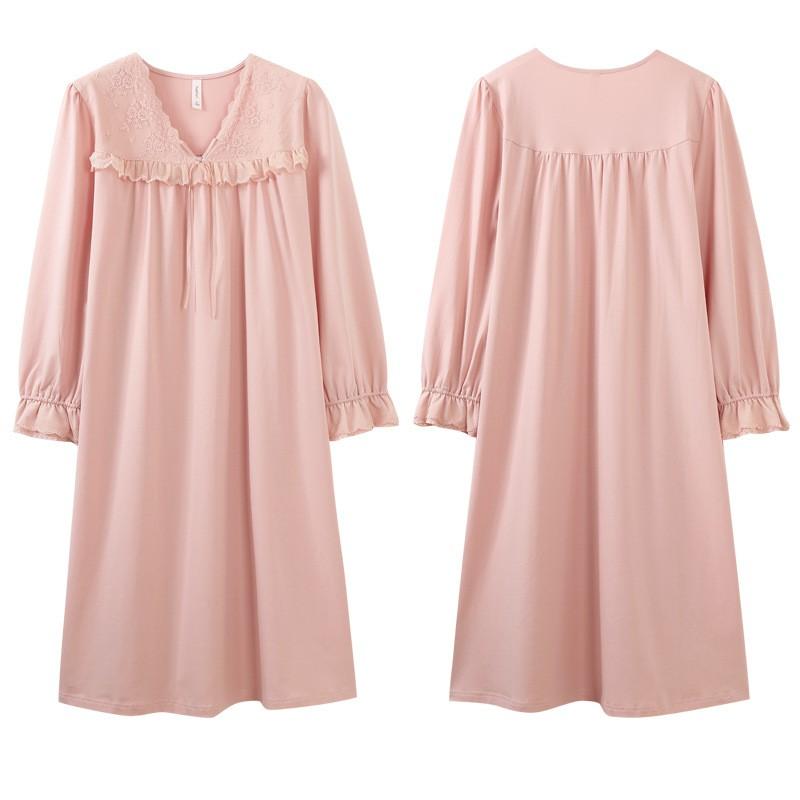 Womens Cotton Long Sleeve Nightgown Lace Trim Mid Length Sleepwear
