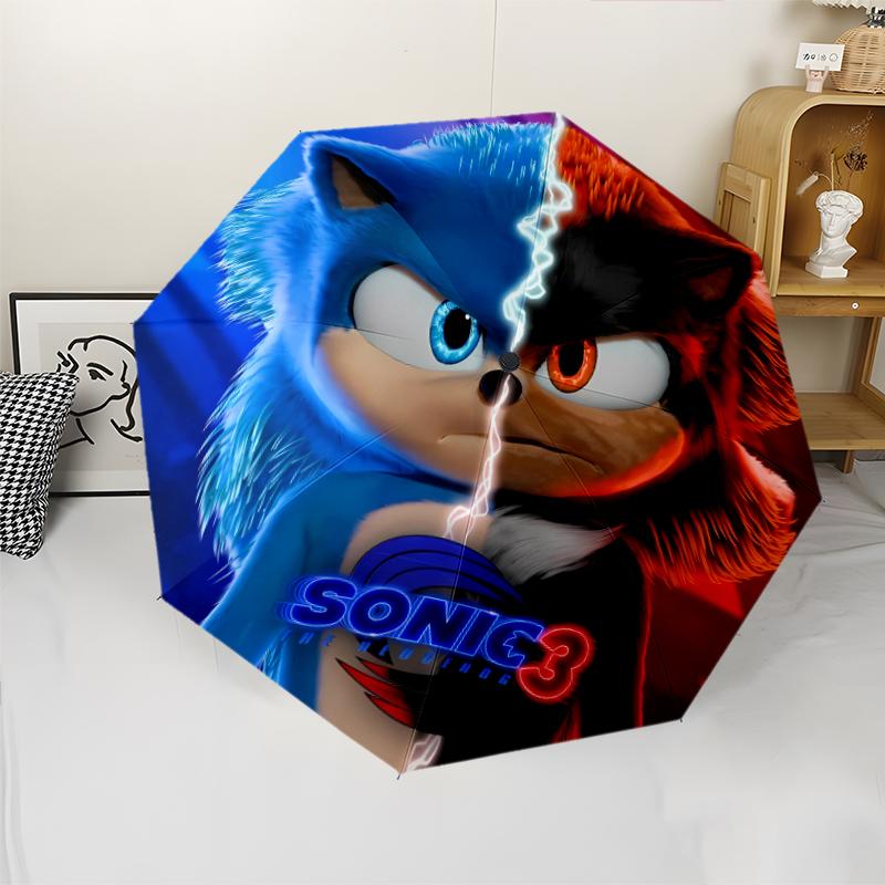 Sonic the Hedgehog Print Automatic Umbrella, 8 Rib Iron Frame, Plastic Handle, Suitable for Outdoor Travel &Daily , Ideal Gift