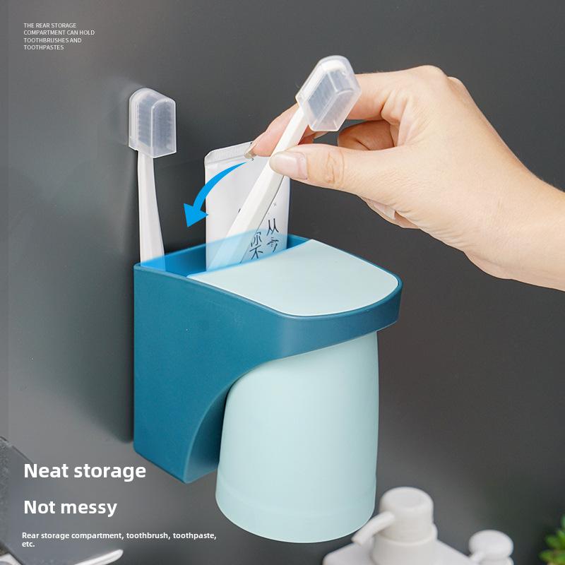 Nordic Style Wall-Mounted Magnetic Toothbrush Holder Punch-Free Gargle Cup Storage Rack Upside Down Toothbrush Cup Set
