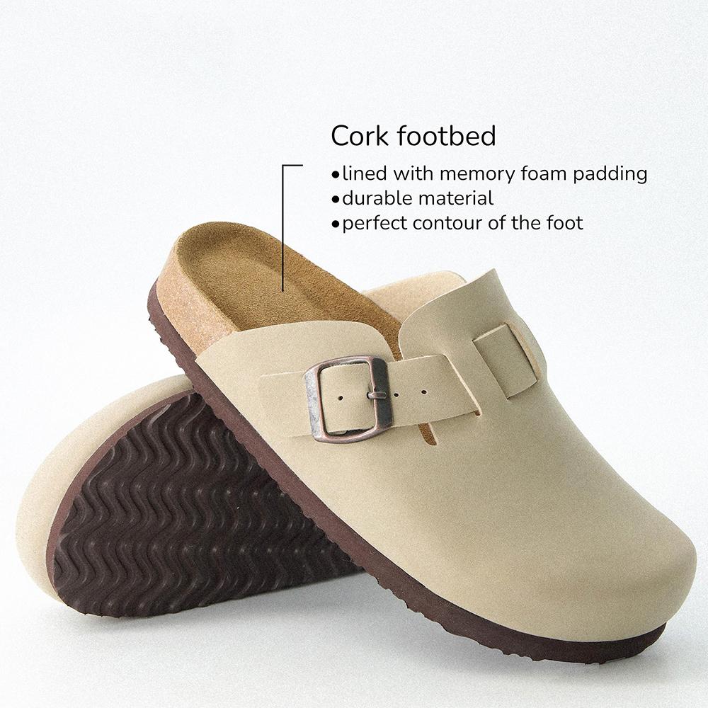 Modes Smaids Ādas Mūles Sievietēm Vīriešiem Koka tupeles Čības Mīksta Korķa Pēdiņa Zamšādas Koka tupeles Komforta Kartupeļu Apavi ar Pēdas Velves Atbalstu Mājas Apavi